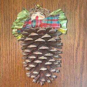 Fun & kitschy pine cone singing angel Christmas ornament with gold‎ wings & halo